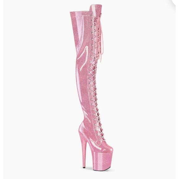 Pleaser Shoes USA Thigh High Pink Sparkle Boots with 8” Heel, Lace-Up Front - Picture 1 of 3